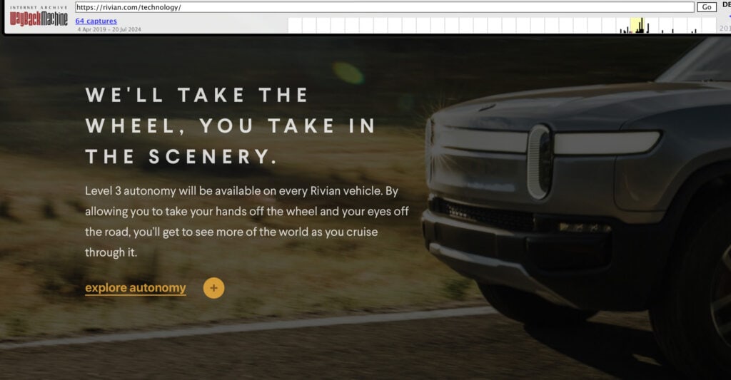 Screenshot from Rivian.com in 2019 showing Level 3 autonomy promises